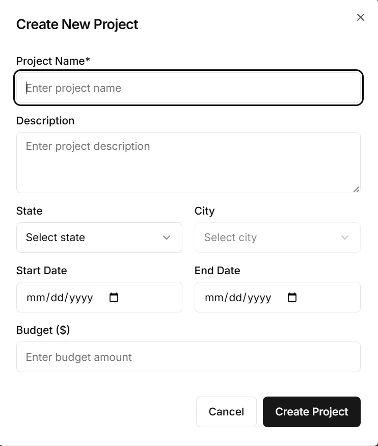 Creating a new project in the system